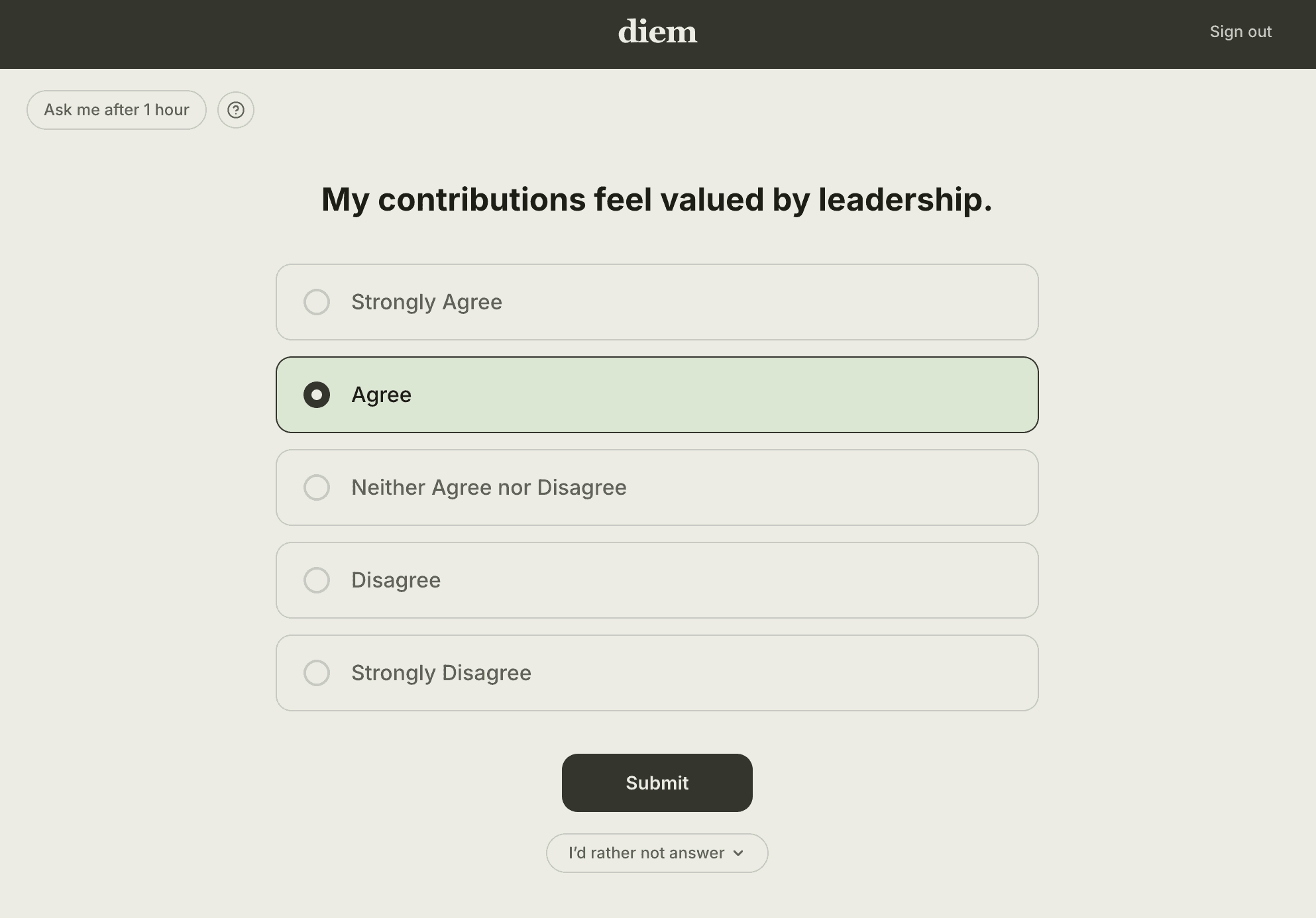 Diem desktop app showing the daily question flow